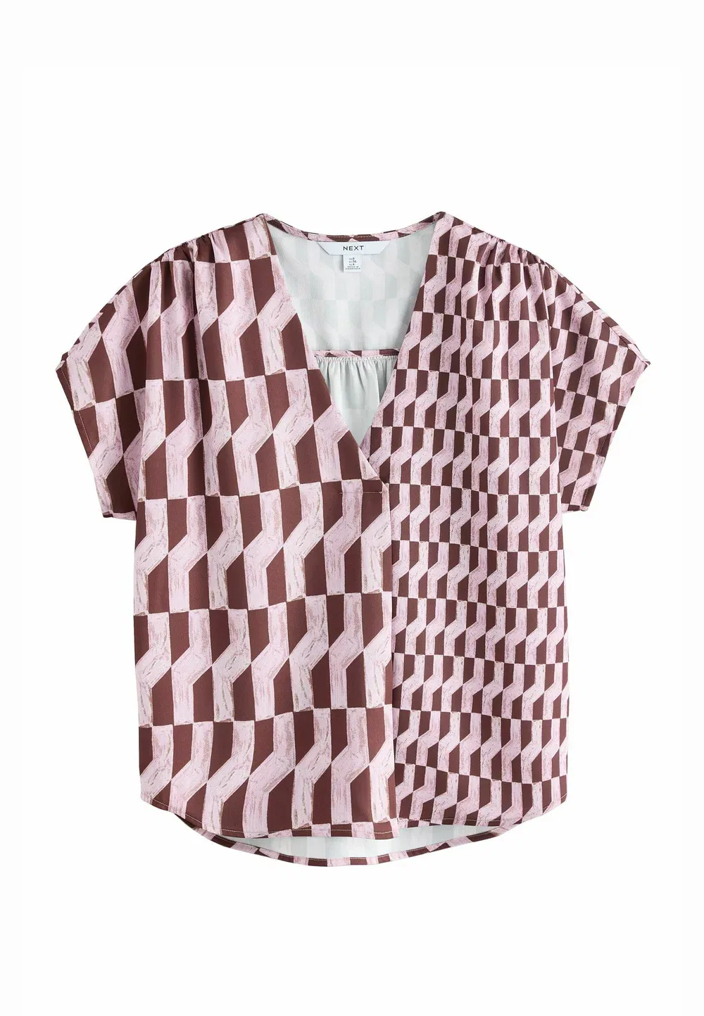 Блузка с короткими рукавами и V-образным вырезом, укороченного кроя Next, Pink Brown Geometric Print — фото 4