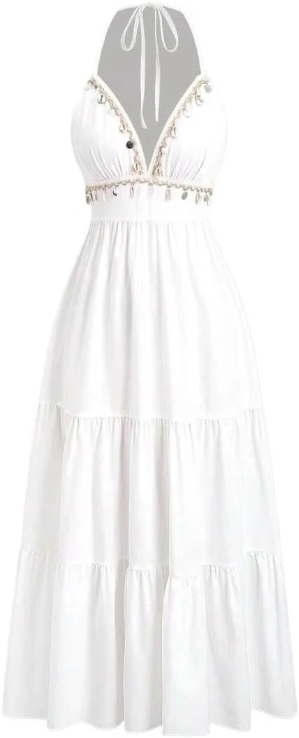 Женское длинное ками-платье на завязках с открытой спиной, White — фото 3