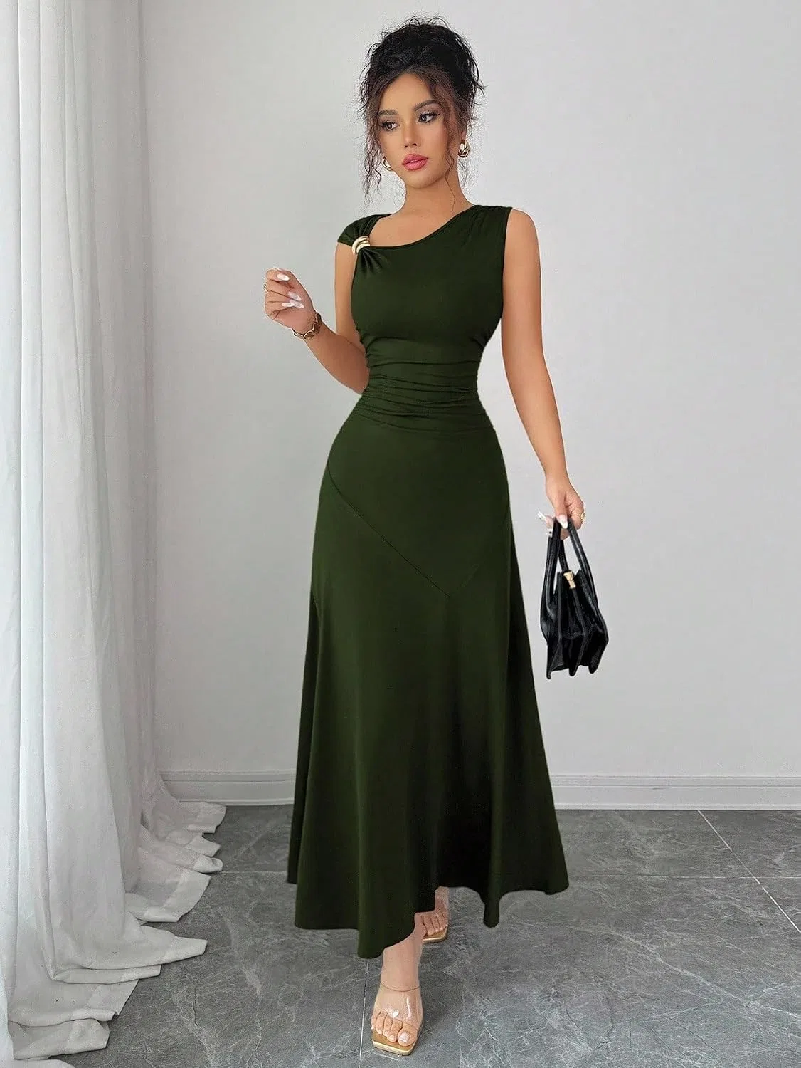 Женское повседневное миди-платье с асимметричным вырезом, Army Green — фото 4