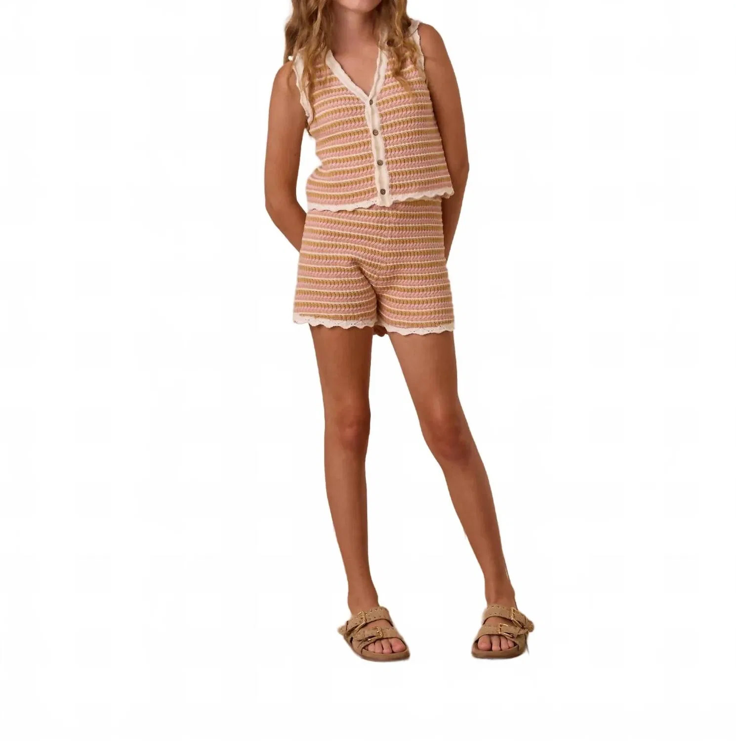 Детский комплект для девочек с вязаной отделкой Scallop Crochet Rylee + Cru, Pink Stripe — фото 3