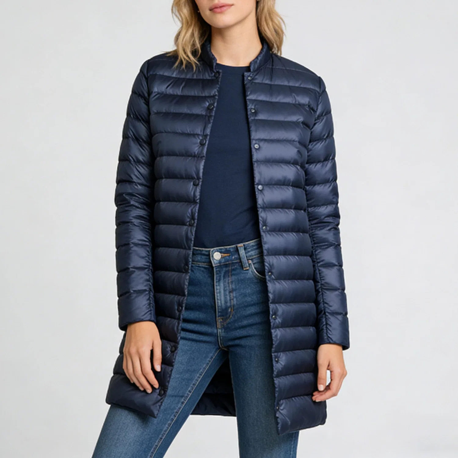 Женское легкое стеганое пальто с капюшоном, blu navy — фото 3