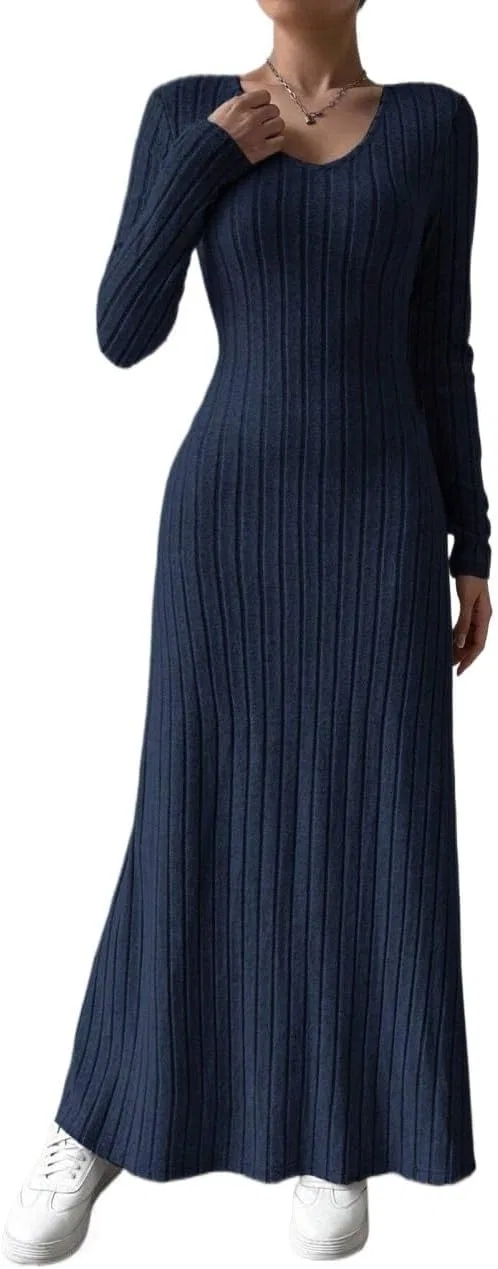 Женское платье A-line с V-вырезом длинное трикотажное, Navy Blue