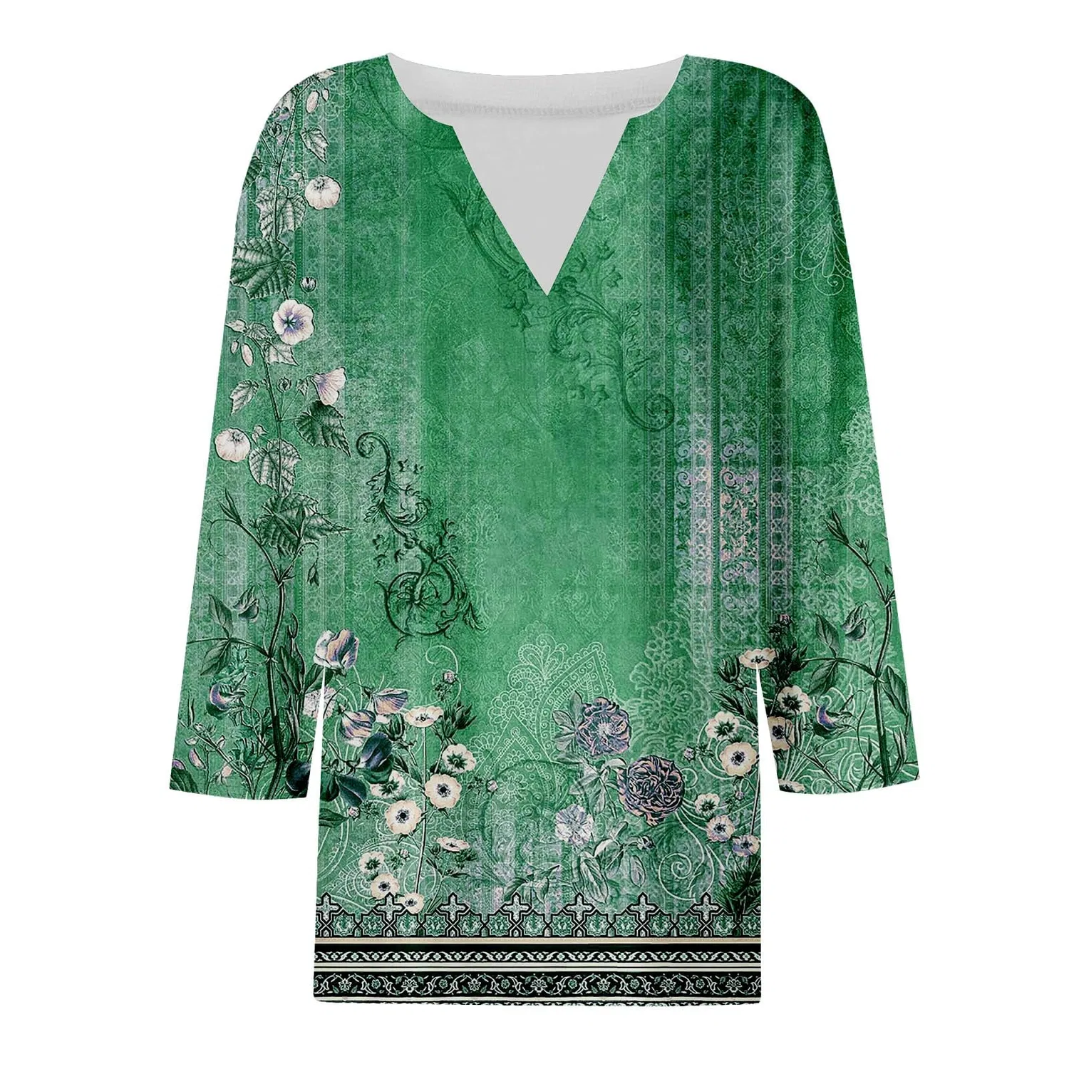 Женская блуза с принтом Women Blouses 3/4 Sleeve V Neck Casual Elegant Summer Boho Floral Print Blouses, 33#verde — фото 3