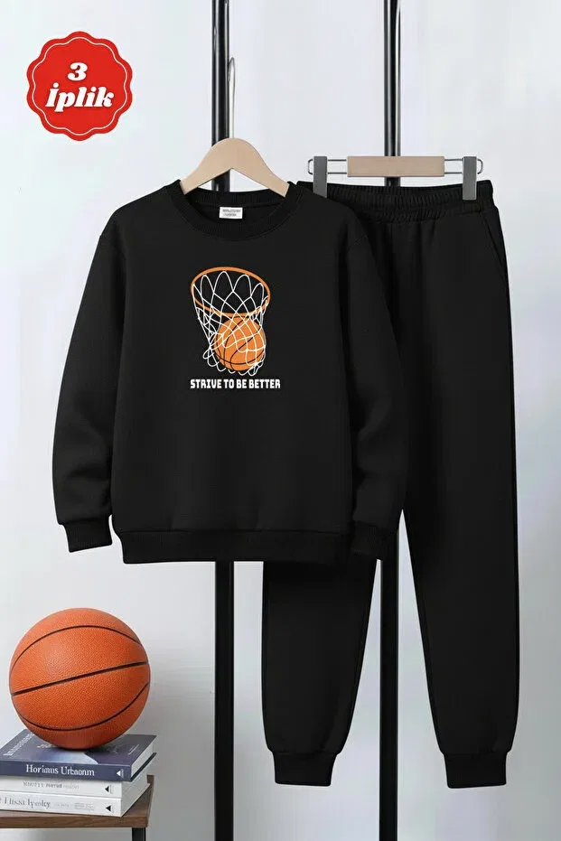 Детский спортивный костюм для мальчиков с принтом 3 thread thick sh fleece-lined crew neck print detailed 6 piece boys tracksuit set Ya Ko Kids, Gray-Black-Navy Blue — фото 4