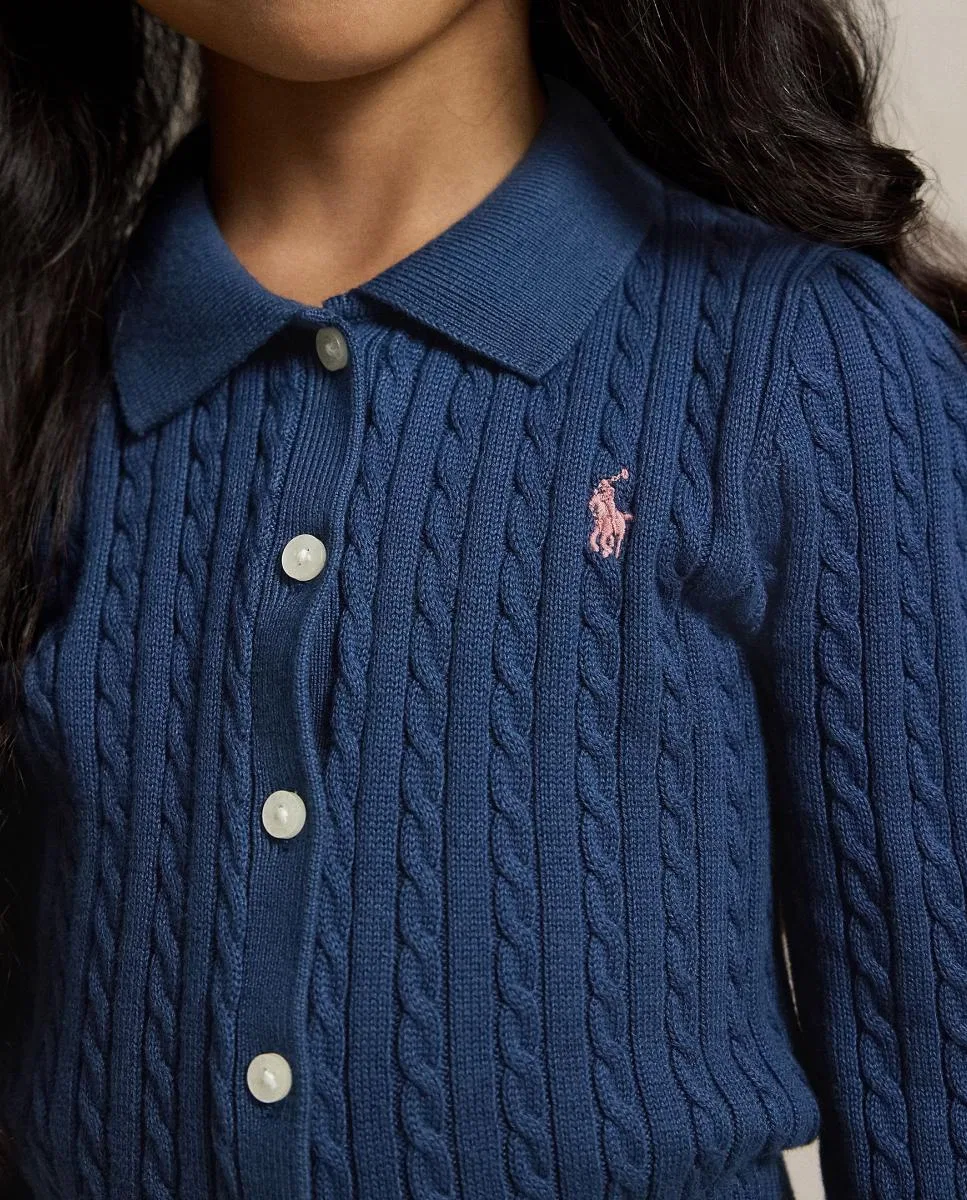 Детский комплект одежды: кардиган-поло и хлопковая юбка - Polo Ralph Lauren - темно-синий — фото 3