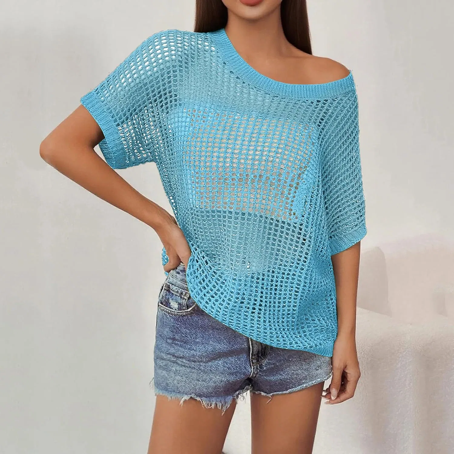 Женская ажурная вязаная футболка с открытыми плечами, Blue — фото 4