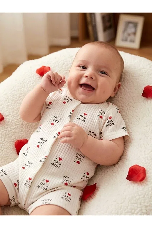 Детский комбинезон с коротким рукавом с принтом Omy, Mom&Dad