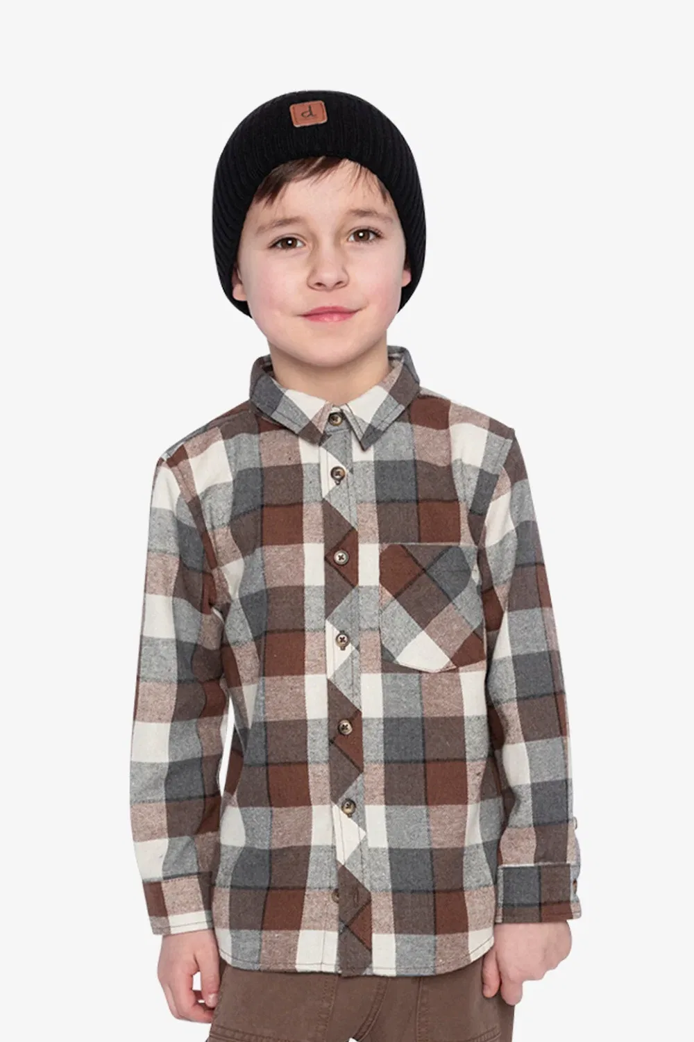 Детская рубашка в клетку с длинным рукавом Deux par Deux, Grey and Beige Plaid — фото 2