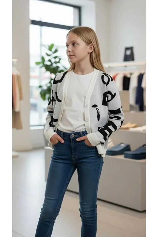 Детский вязаное кардиган для девочек с принтом Girl'S letter patterned knitwear cardigan Minimoda Kids, Ecru — фото 4
