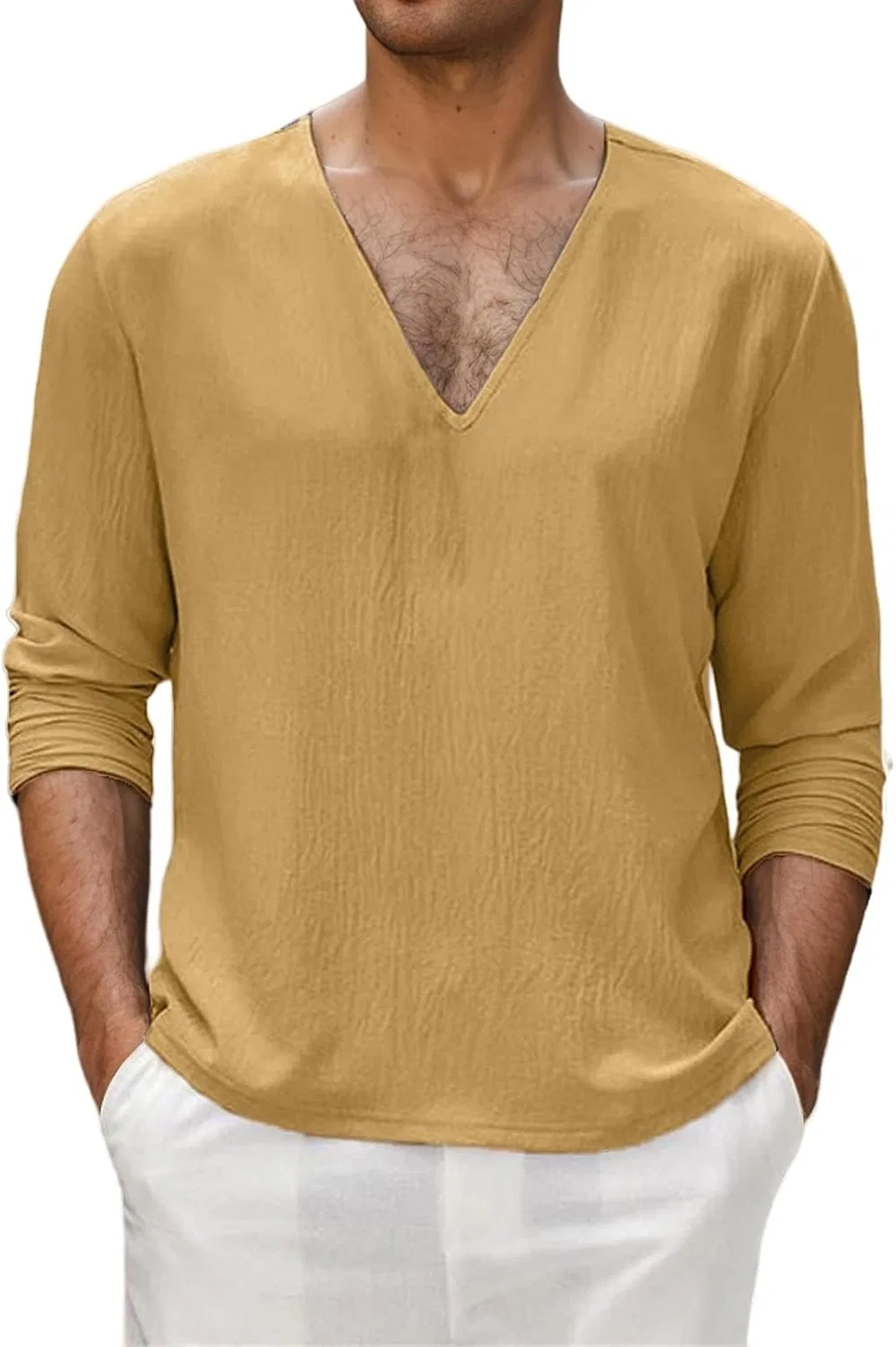 Мужская футболка с V-образным вырезом из хлопка и льна, Slim Fit, Yellow