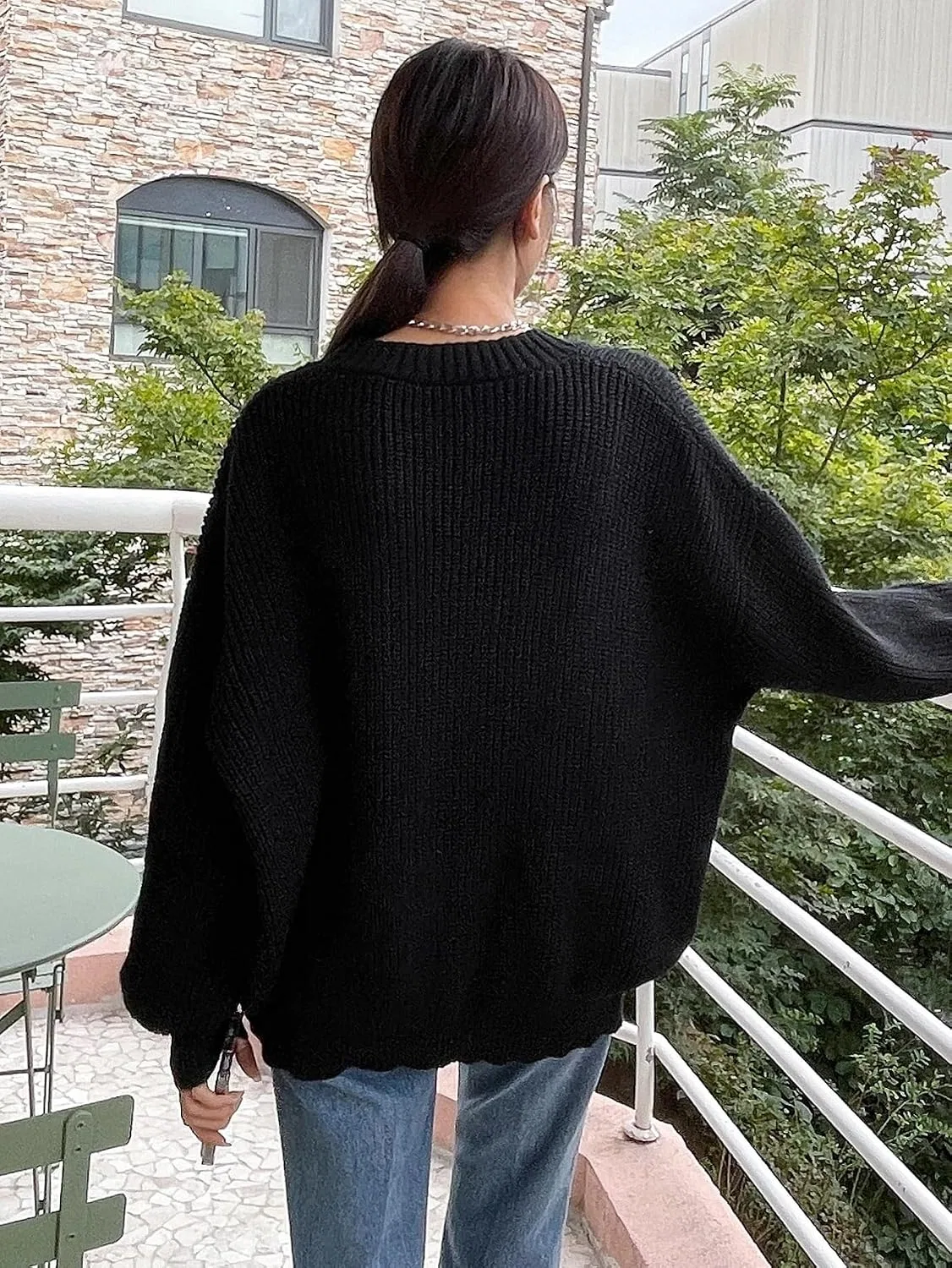 Женский свитер оверсайз с длинным рукавом, Rib-Knit, чёрный — фото 2
