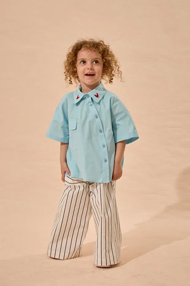 Детская рубашка для мальчиков с геометрическим принтом Rooster Embroidered Asymmetrical Placketed Shirt Fahhar Kids, Blue — фото 2