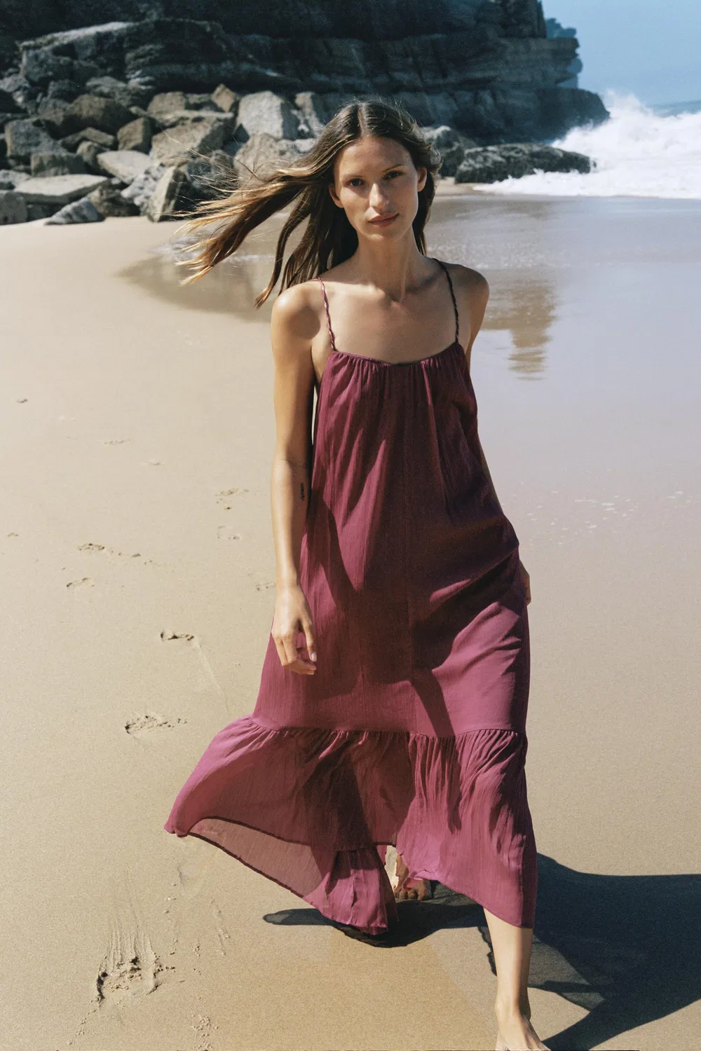 Струящееся платье, расшитое бисером ZARA, Light Maroon