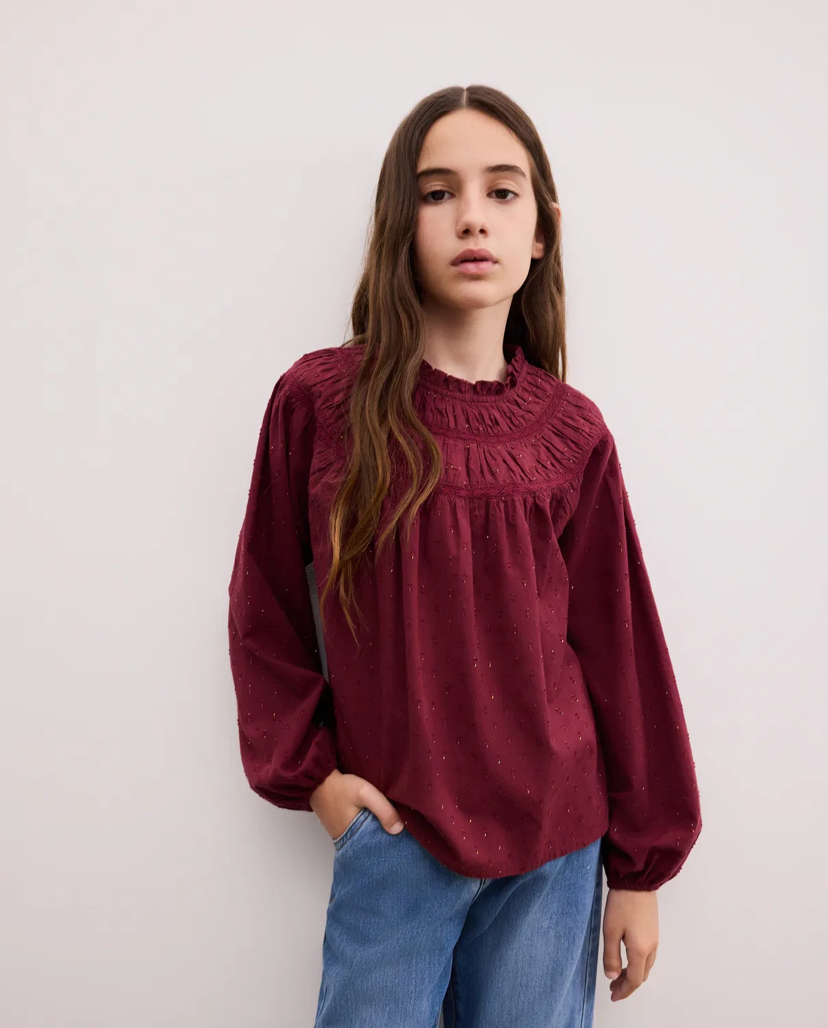 Детская блузка с длинным рукавом, Romántica Canesú Redondo Puntillas Dobby Lurex, Kids El Corte Inglés, бордовый