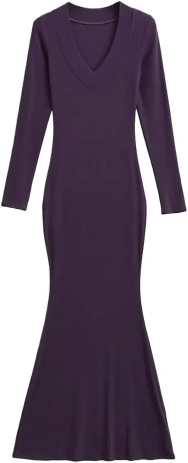 Женское платье-трикотаж с V-образным вырезом, Purple
