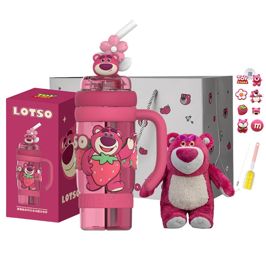 Детская кружка с двумя отсеками Disney Lotso, 1300 мл, с щеткой для чашки и трубочек, с сумкой для покупок, Black — фото 2