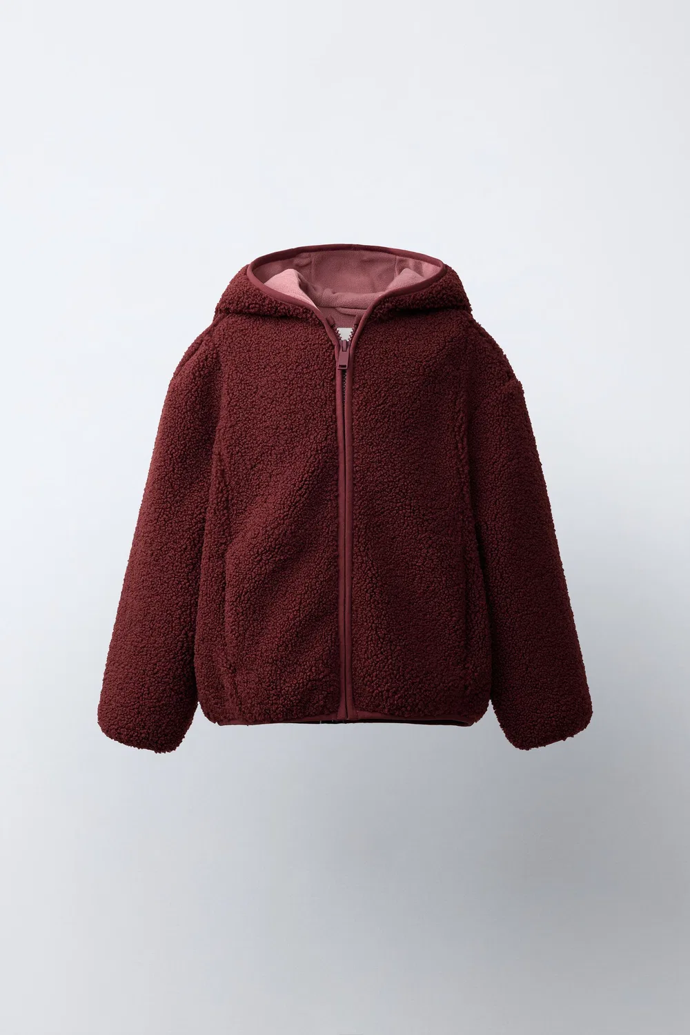 Куртка с капюшоном из искусственной овчины ZARA, dark russet