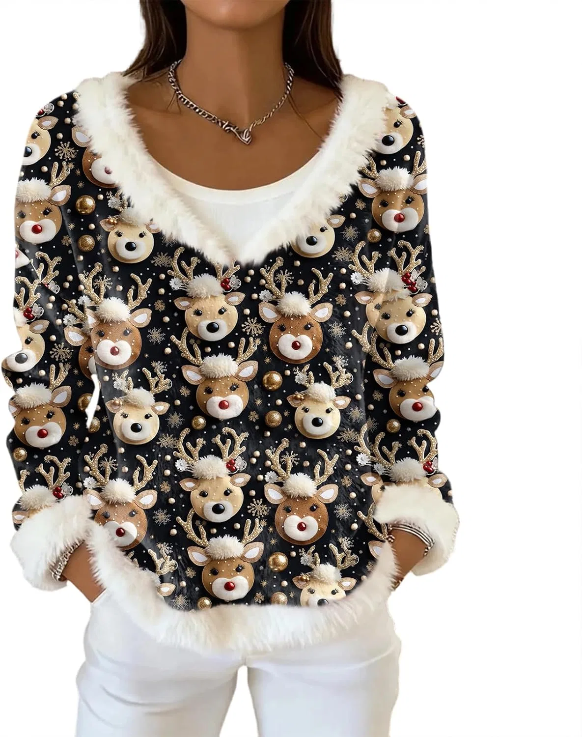 Женский свитшот с V-образным вырезом и меховой отделкой, Christmas Sweaters For Women, чёрный