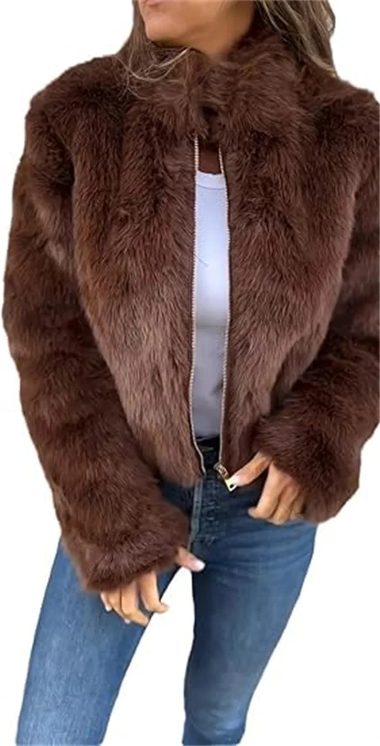 Женское зимнее пальто с меховым воротником и молнией, brown