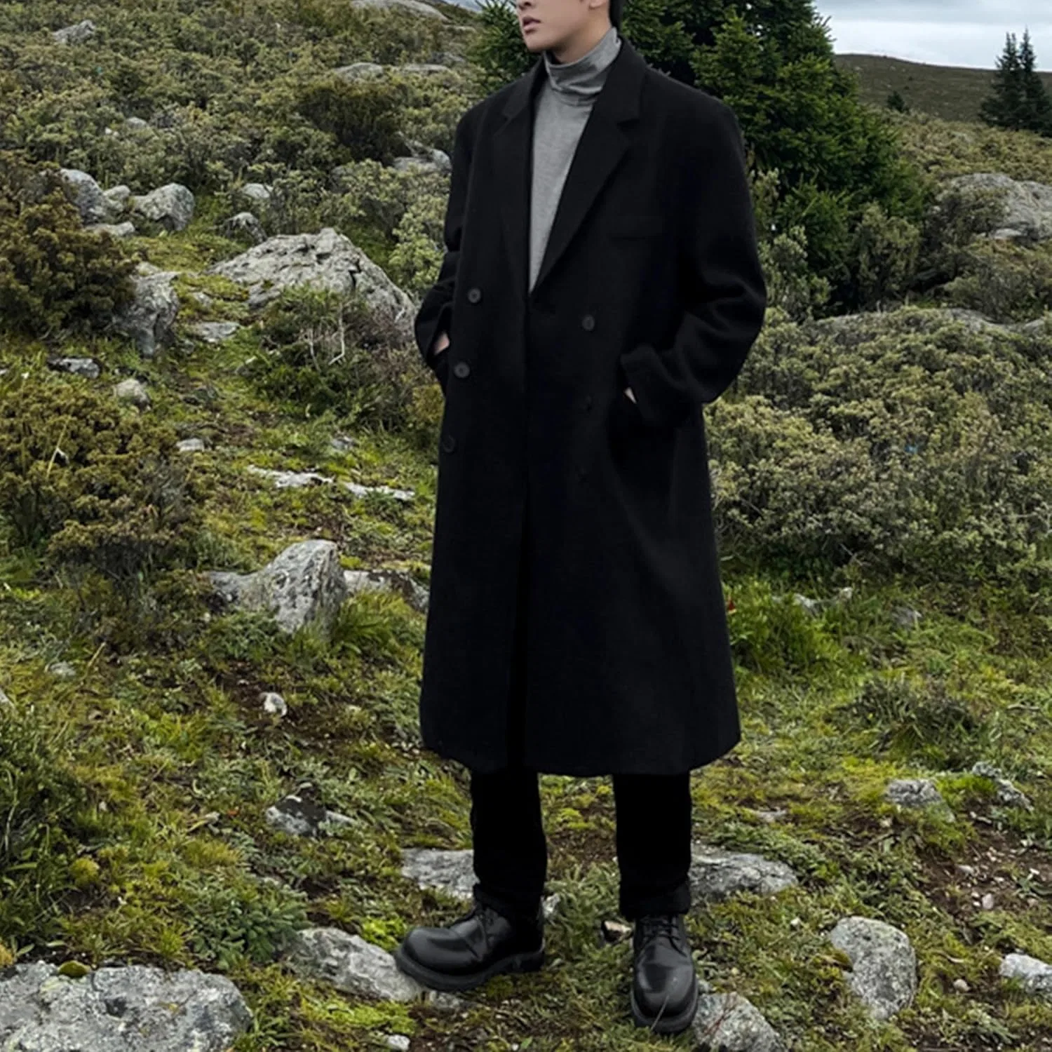 Мужское пальто с лацканами, двубортное, Slim Fit, Peacoat, чёрный — фото 3