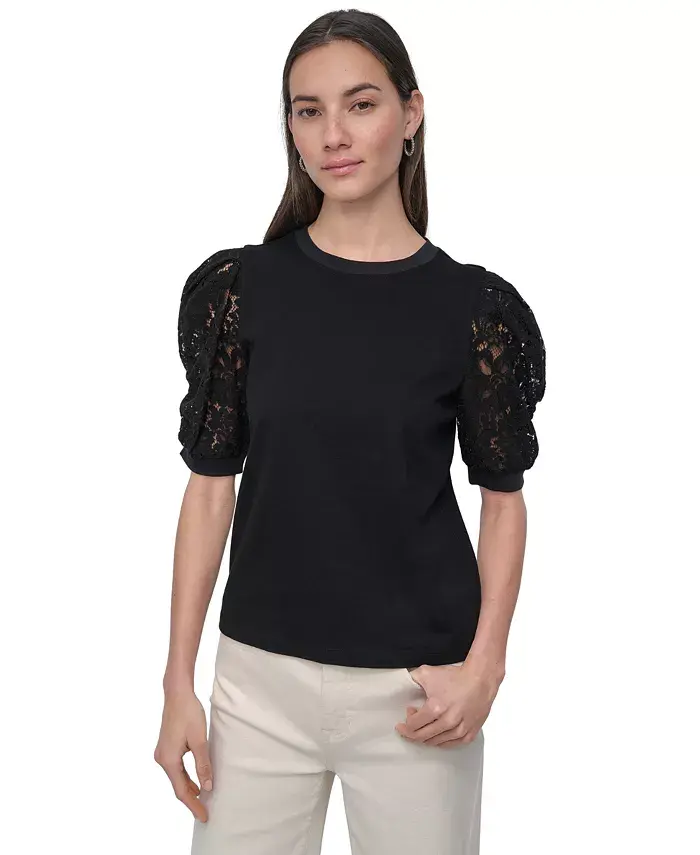 

Женский топ с кружевными рукавами Mixed Media DKNY Jeans, черный