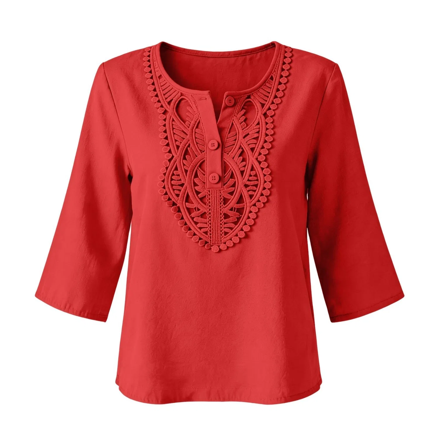 Женская льняная туника с вышивкой Retro 3/4 Sleeve Boho Casual Loose Fit Lightweight Summer Beach Blouse, A-red — фото 4