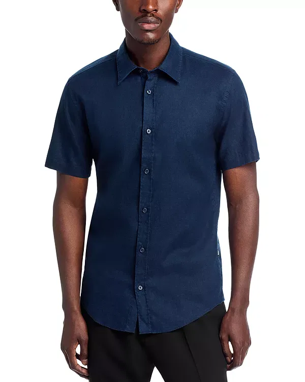 Мужская рубашка из льна с коротким рукавом Roan Slim Fit Boss, темно-синий