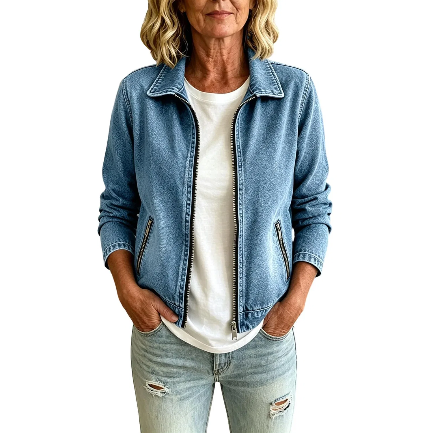 Женская джинсовая куртка с длинным рукавом, модель Uk invecchiato lavato boyfriend jeans, Blu cielo 1