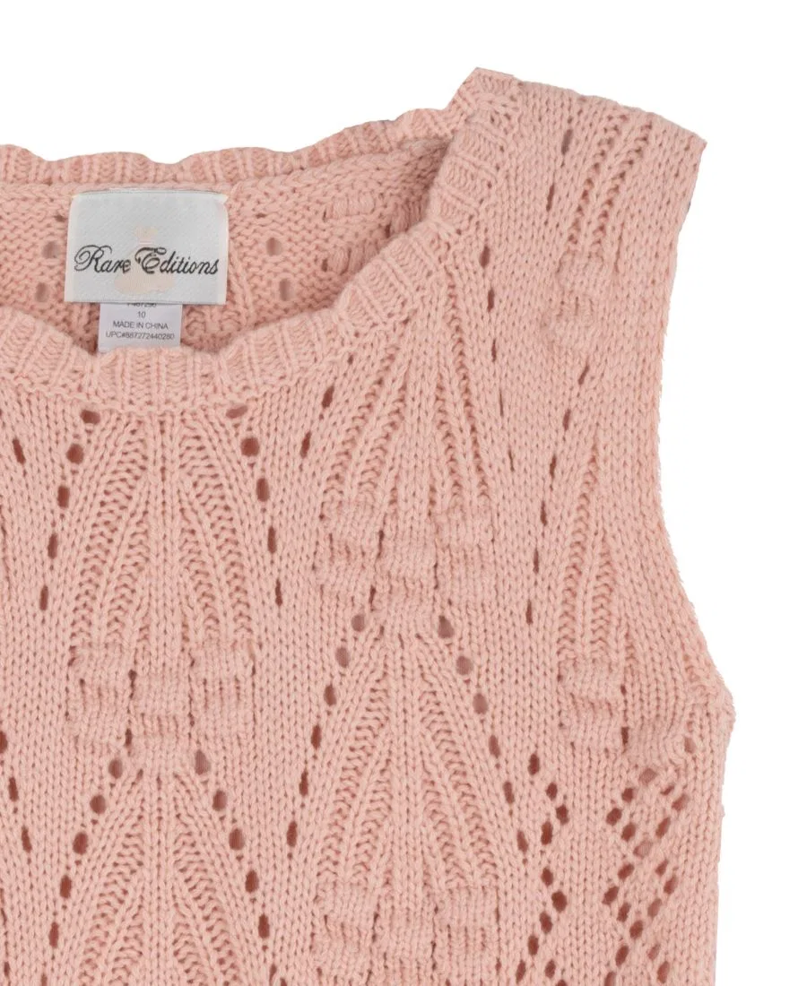 Комплект из вязаного жилета и юбки-шорт с цветочным принтом, модель Floral Crochet Sweater Vest and Tiered Skort Rare Editions, Blush — фото 3