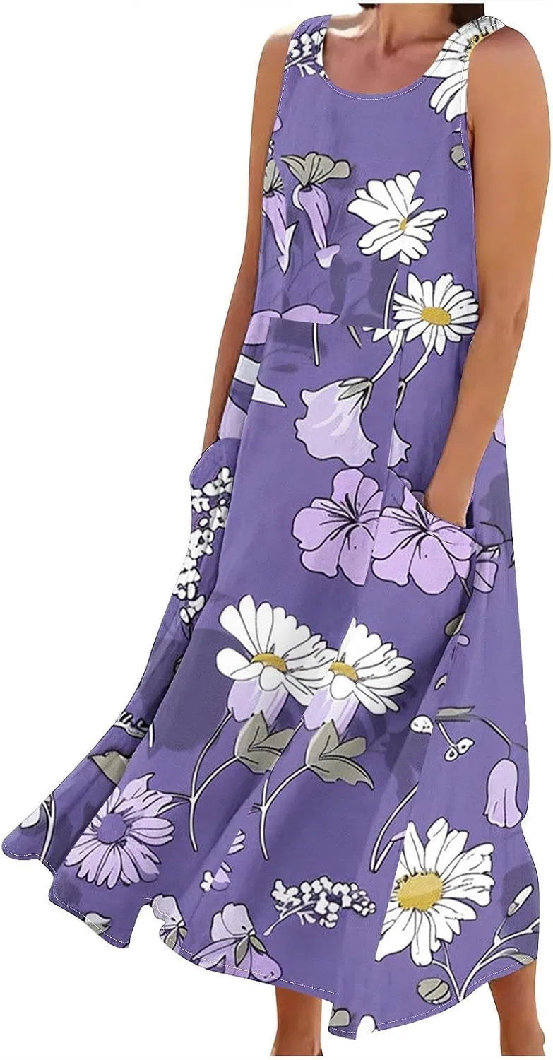 Женское летнее платье-макси с v-образным вырезом Sleeveless, Purple