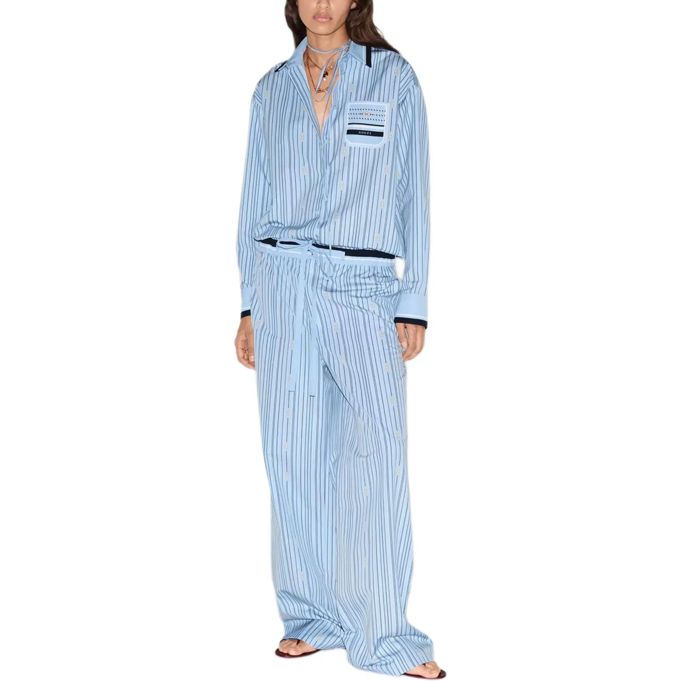 Женские хлопковые брюки с принтом GUCCI, Light Blue — фото 4