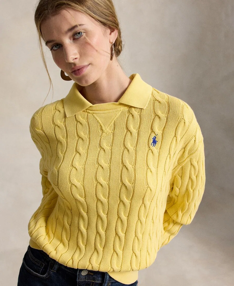 Свитер женский с кабельным узором из хлопка, модель Cable-Knit Cotton Polo Sweater Polo Ralph Lauren, Fall Yellow — фото 3