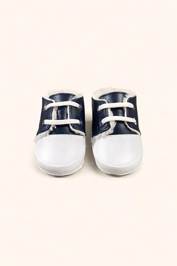 Детские туфли для девочек с кружевной шнуровкой Genuine leather baby shoes, first step shoes, warm baby booties with fur inside Numix Baby Kids, Navy Blue — фото 2