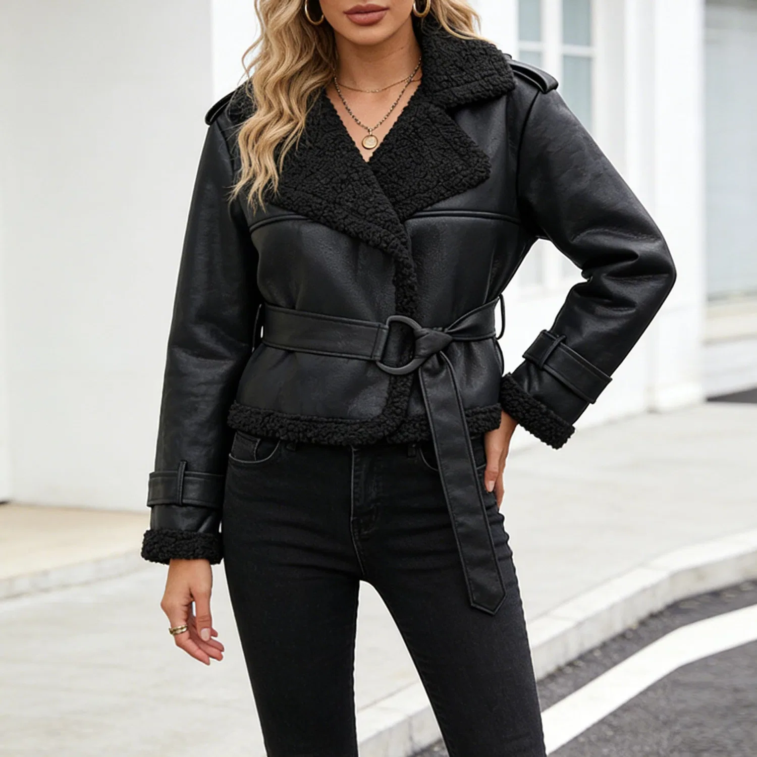 Женская куртка-косуха из флиса с коротким рукавом, Black — фото 3