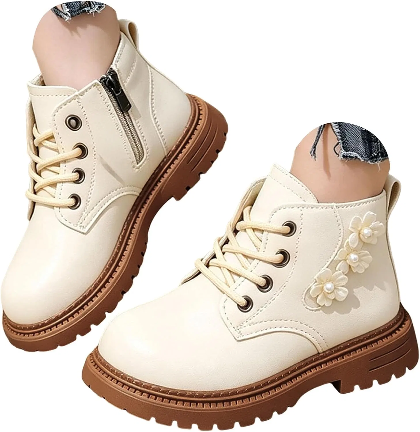Детские ботинки для девочек с принтом, модель Girls Lace-Up Combat Ankle Boots, White