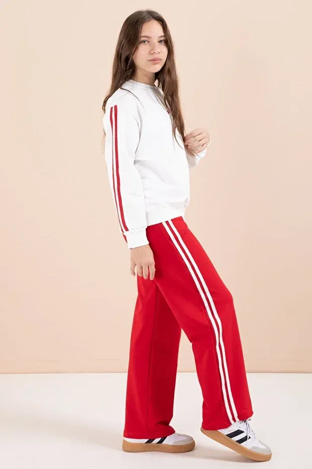 Детский комплект спортивного костюма для девочек с принтом Red Striped Detail Wide Leg Embroidered Girl's Oversized Tracksuit Set Cansın Mini, Red — фото 4
