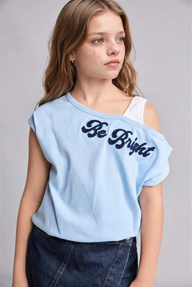 Детская футболка для девочек с принтом Boat neck printed ribbed short sleeve light blue t-shirt girl child i2346a826au Defacto, Blue-Be791 — фото 3
