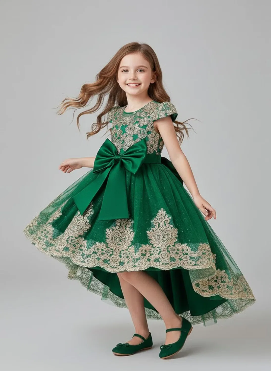 Платье с вышивкой и бантом, модель Girls green embroidered bow party dress, Babyqlo, изумрудный — фото 2