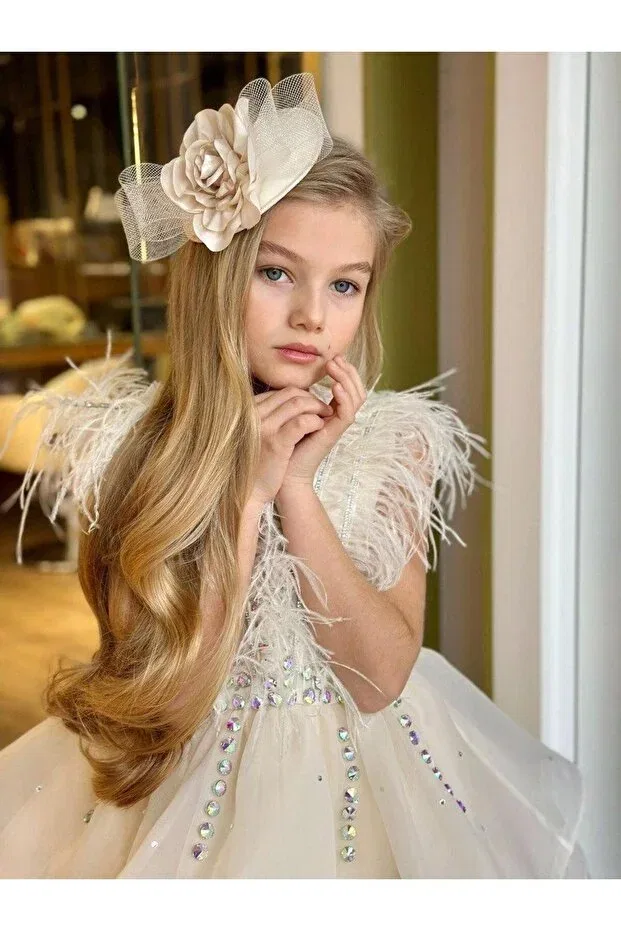 Детское вечернее платье для девочек с пайетками feathered stone embroidered layered tulle detachable tail detailed Mc Minicool, Beige — фото 2