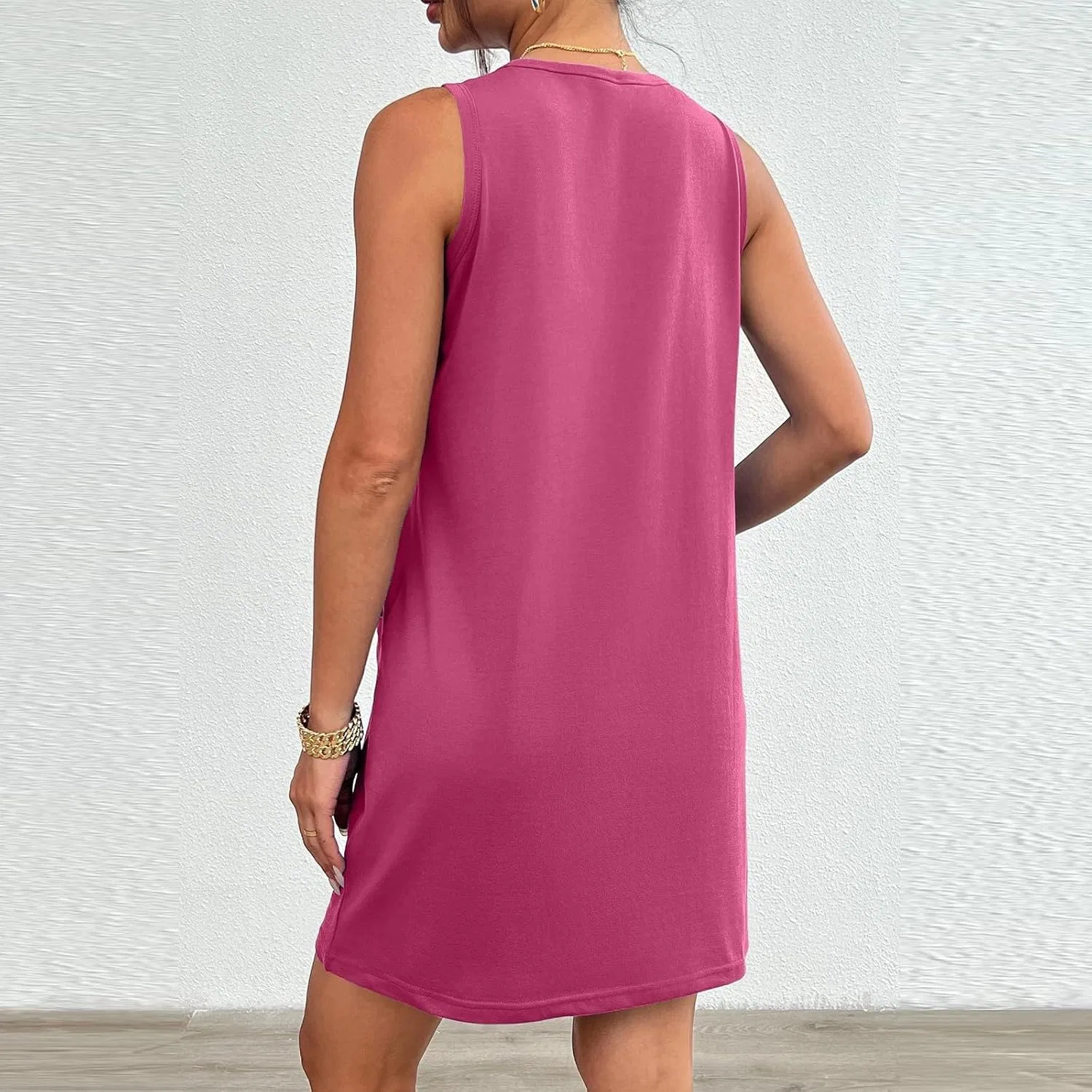 Женское мини-платье на бретелях с круглым вырезом Casual Summer, Hot Pink — фото 4