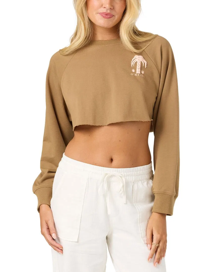 Свитшот женский с принтом Palm Raw Edge Crop Fleece Crewneck O'Neill, Dark Khaki