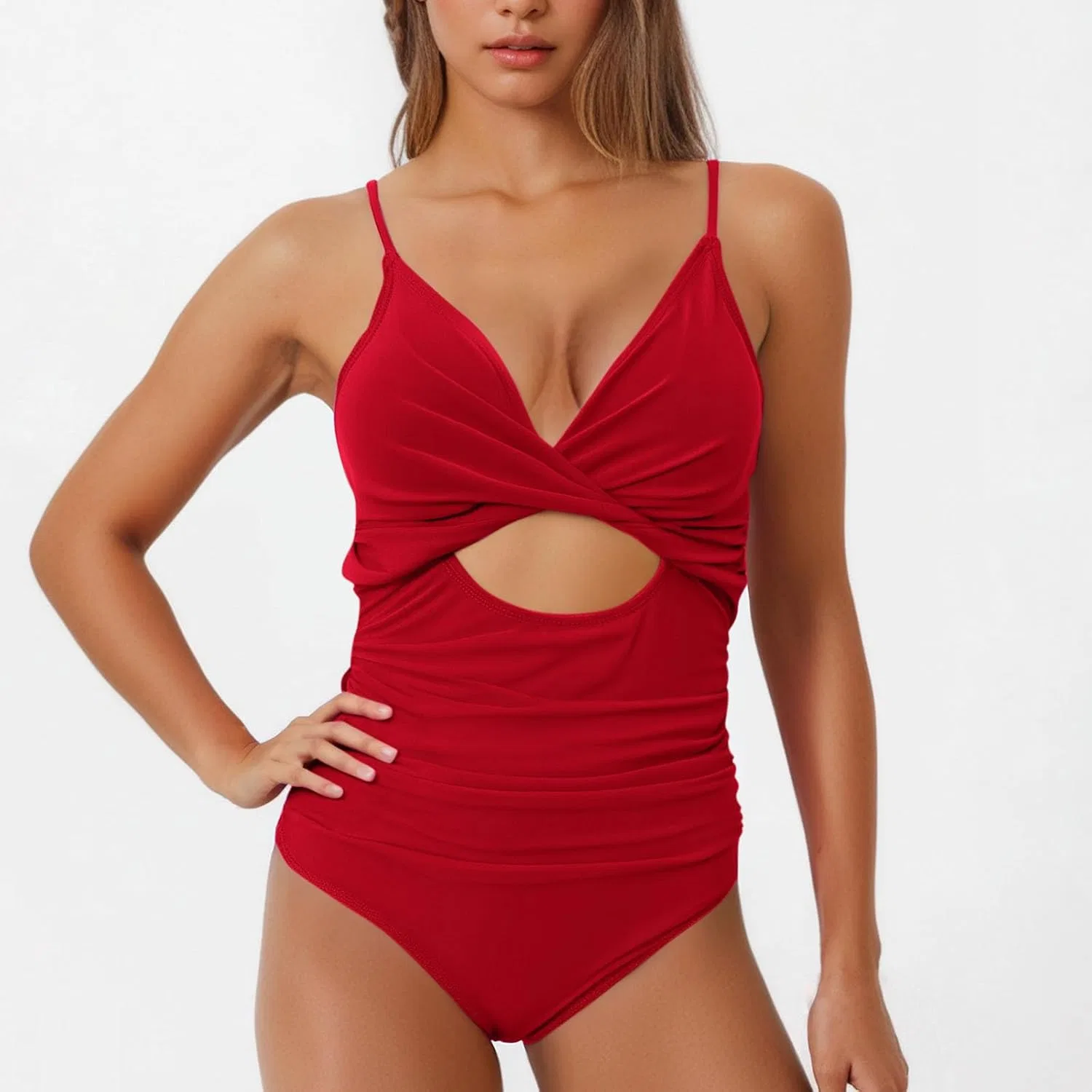 Женский цельнокроеный купальник с утяжкой живота ruched high waisted, Red — фото 2