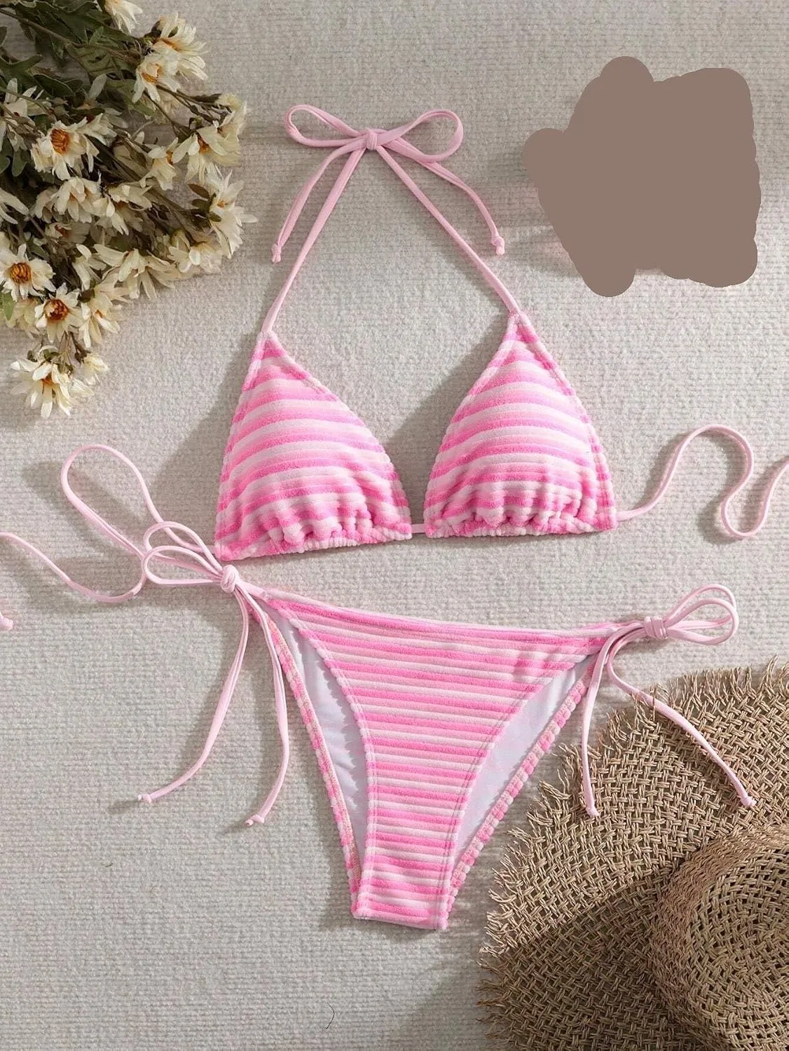 Женский бикини-комплект с высокой талией, полосатый Generic, Pink — фото 3