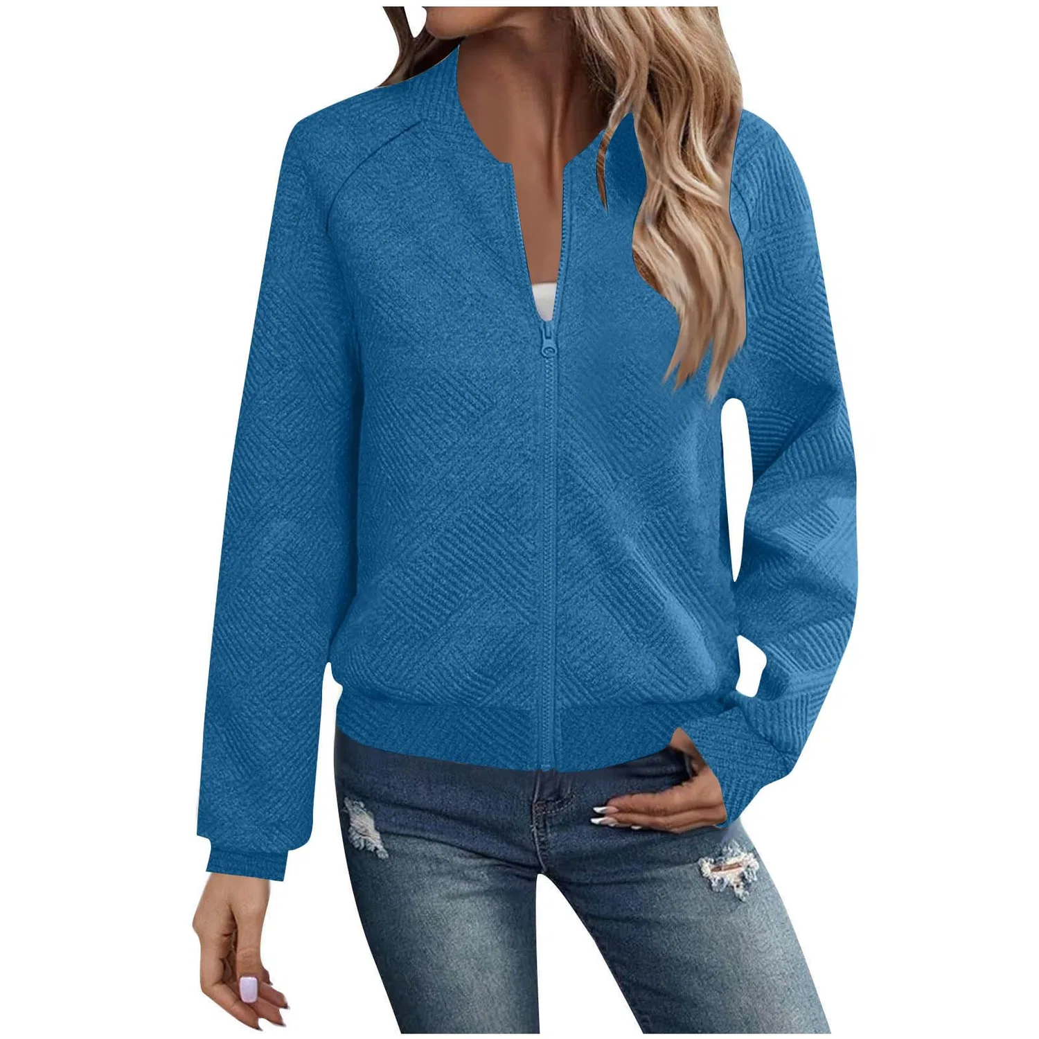 Женская куртка-бомбер с длинным рукавом, модель Bomber Giacca Donna Casual Leggero Manica Lunga Giacche da Volo Collare a Fascia Primavera Autunno Texture Full Zip Giacca a Vento Jacquard Regolare Elegante Cardigan Alla Moda Capispalla, 02 blu — фото 2