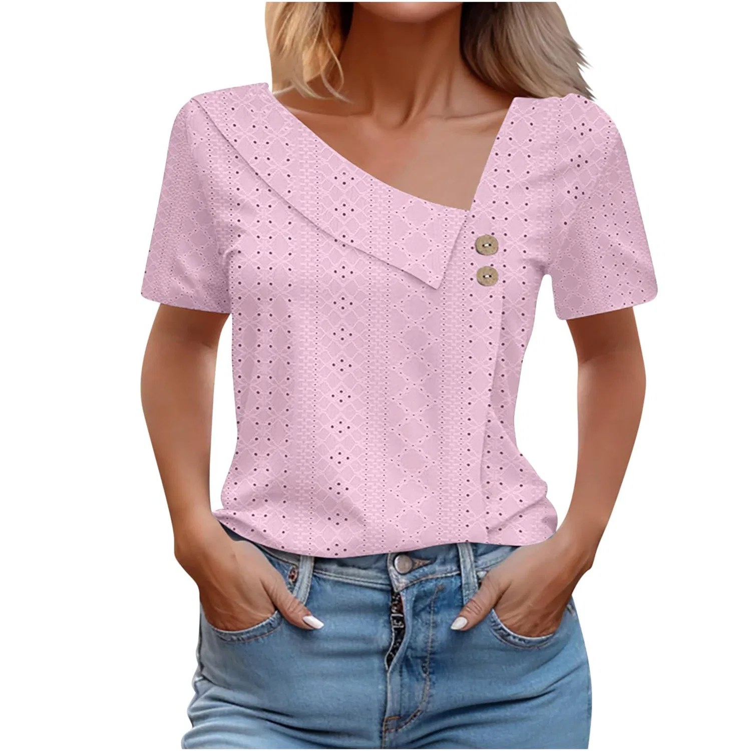 Женская блузка свободного кроя с V-образным вырезом Elegant Loose V-Neck Solid Color Button Neck Top, Pink-1