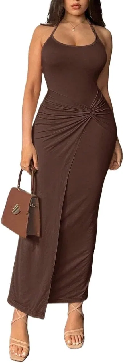 Женское длинное коктейльное платье с запахом Halter, Brown