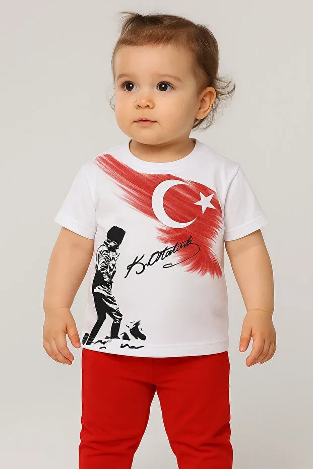 Детская футболка с принтом Ataturk kocatepe and turkish flag printed baby t-shirt Sibel Günay Butik, White
