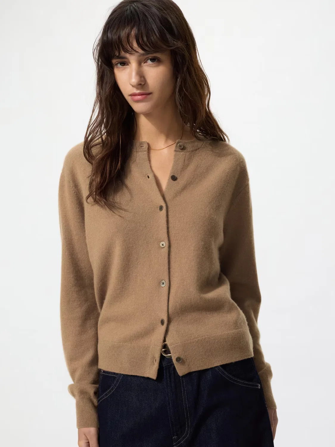 Кардиган Uniqlo, кашемировый, с круглым вырезом, бежевый