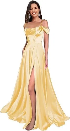 Женское атласное платье A-силуэта с разрезом Prom Gown, Gold