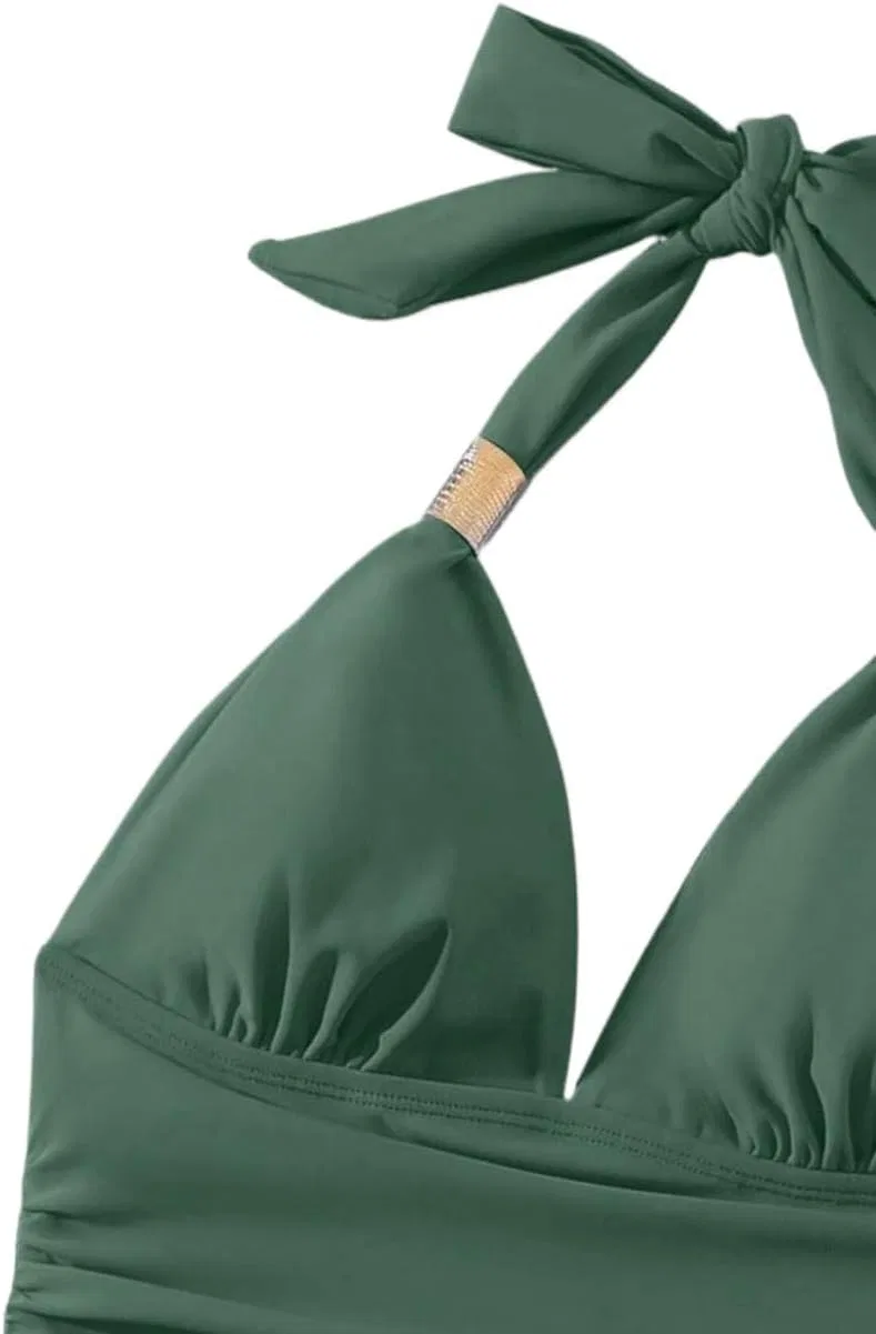 Женский слитный купальник с открытой спиной и драпировкой Halter Tie, Green — фото 2
